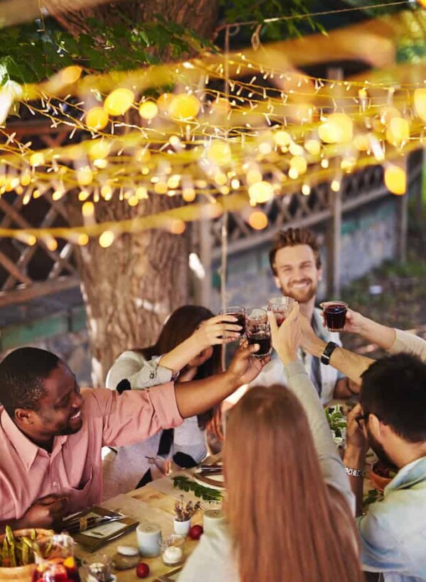 Happy friends toasting with red wine at Thanksgiving party